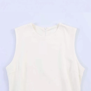 Minimalist cream white sleeveless dress featuring a round neck and back zipper detail