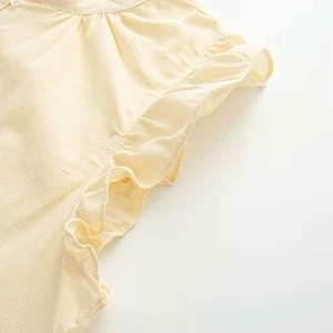 Detail of elegant ruffle sleeves and neck craftsmanship on light yellow summer blouse