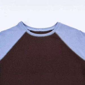 Short sleeve raglan T-shirt in brown and light blue color block with crew neck detail