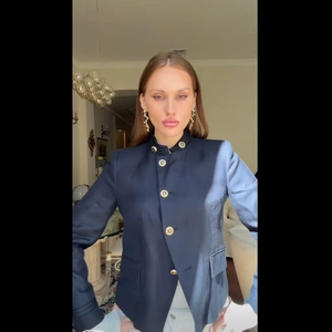 Women Slim Fit Stand Collar Blazer Jacket Navy Blue Gold Embossed Buttons Military Style Short Office Work Outerwear