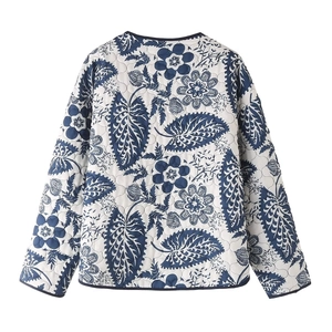 Women's ZA style paisley print quilted cotton jacket in navy blue and white, back view