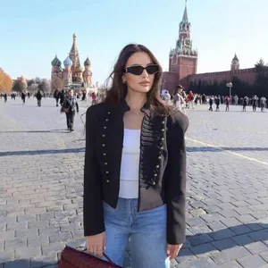 Women Military Style Blazer Jacket Gold Button Braided Frogging Stand Collar Short Cropped Slim Fit Outwear Office Lady