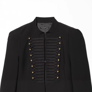 Women's black military jacket with decorative gold buttons and frogging detail