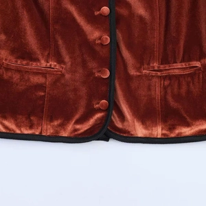 Retro velvet stand collar jacket in brown-red with black woven trim and fabric buttons
