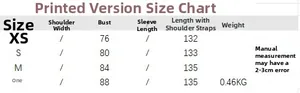 Size chart table for women's crochet knit maxi dress with measurements for XS to L sizes
