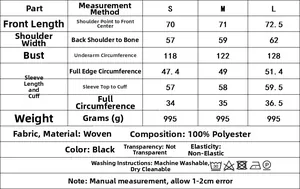 Tableau des tailles pour veste décontractée femme avec mesures S M L en cm