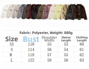 Tableau des tailles pour manteau en fausse fourrure épaisse avec mesures du XS au L