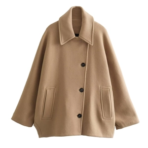 Minimalist camel wool blend short coat with oversized lapels and single-breasted buttons