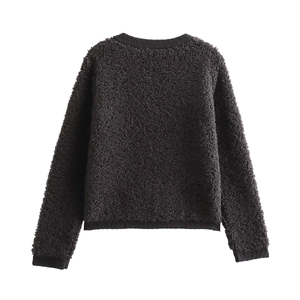 Detailed back view of charcoal grey sherpa knit cardigan with ribbed cuffs and hem