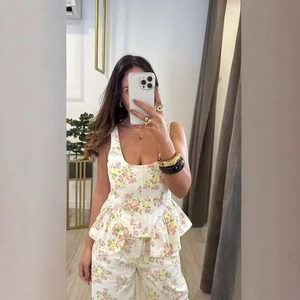 Women Floral Print Camisole Peplum Top And Wide Leg Pants Two-Piece Outfit Summer Vacation Casual Boho Fashion Clothing