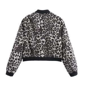 Rear view of a cropped leopard print pilot jacket with black ribbed knit cuffs and hem