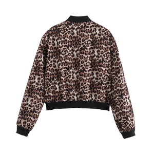 Detail view of the leopard print bomber jacket back with ribbed collar and cuffs