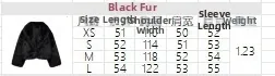 Tableau des tailles pour manteau en fourrure noire indiquant longueur, buste et manches