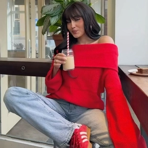 Women Elegant Off Shoulder Knit Sweater Fashion Boat Neck Long Sleeve Ribbed Pullover Loose Casual Autumn Winter Knit Top