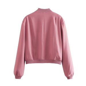 Detailed back view of a pink women's bomber jacket with ribbed cuffs and hem