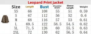 Tableau des tailles pour veste léopard avec mesures de longueur et de poitrine