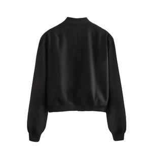Rear view of a black bomber jacket with ribbed cuffs and a premium glossy finish