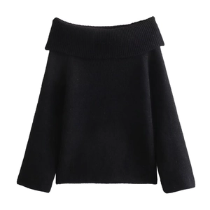 Women's chic black off-the-shoulder knit sweater with ribbed neckline and long sleeves
