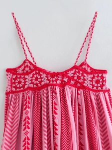 Close-up of bohemian crochet knit detail and geometric print fabric on summer dress