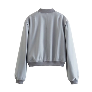 Back view of light grey oversized bomber jacket with ribbed cuffs and hem detail