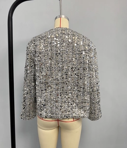 Detailed back view of a silver sequined jacket with stand-up collar and shimmering finish