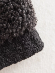 Detailed close-up of dark grey knit texture and faux shearling lining on winter beanie hat