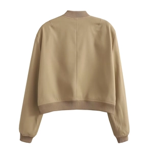 Back view of khaki bomber jacket featuring ribbed collar and hem on white background