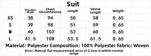 Detailed size chart for tweed sequin jacket with shoulder and chest measurements
