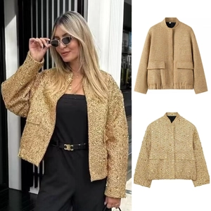Women Elegant Sequin Tweed Jacket Stand Collar Short Coat Loose Streetwear Outerwear For Party Night Out Ladies Fashion Jacket