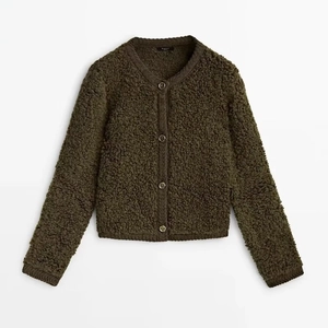 Olive green sherpa fleece cardigan with round neck and four dark buttons on white background
