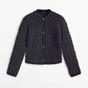 Women's dark gray bouclé knit cardigan with retro gold buttons and round neck design