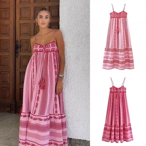 Women Bohemian Floral Print Crochet Patchwork Maxi Dress Sleeveless Spaghetti Strap V Neck Tassel Ethnic Vacation Summer Beach Dress