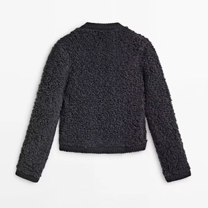 Women's dark grey fleece cardigan in plush boucle knit with back view and ribbed trim