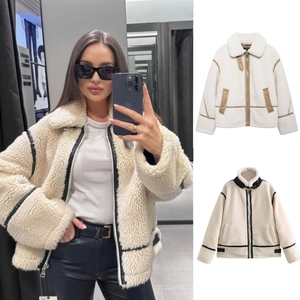 Giacca Biker da Donna in Lana di Agnello Sherpa Cappotto in Pile di Ecopelliccia Con Bordino in Pelle PU a Contrasto Capispalla Invernali