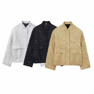 Women Elegant Sequin Tweed Jacket Shiny Long Sleeve Outerwear Stand Collar Sparkly Social Party Street Fashion Coat