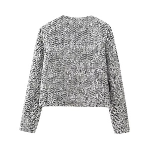 Detailed back view of a silver sequined tweed short jacket featuring a round neckline