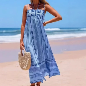 Blue bohemian crochet patchwork floral maxi dress for summer beach vacation