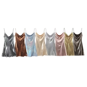 Vestido Cami Metálico con Cuello de Capucha para Mujer Elegante Mini Vestido de Fiesta Línea A Sexy Satén Clubwear