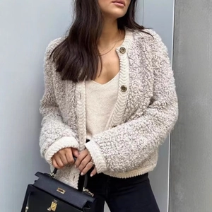 Vintage Sherpa Fleece Cardigan For Women Button Up Round Neck Textured Warm Knit Sweater Coat Long Sleeve Casual Outwear