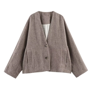 Women Elegant V Neck Collarless Woolen Look Jacket Loose Fit Short Coat Casual Single Breasted Warm Winter Outerwear Overcoat
