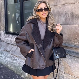 Women's dark brown faux suede shearling jacket with warm collar for autumn winter