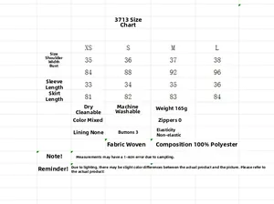 Tableau des tailles pour mini robe col V avec dimensions et détails du tissu 100% polyester