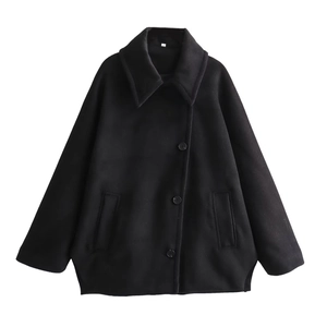 Minimalist black oversized wool blend short coat with lapel collar and buttons