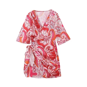 Robe Portefeuille Élégante à Imprimé Floral Paisley pour Femmes Col en V Bohème Manches Mi-Longues Mini Robe Froncée