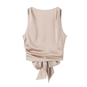 Champagne gold satin sleeveless top for women with elegant back bow tie detail