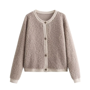 Women's autumn buttoned fleece cardigan sweater in camel with contrast trim details