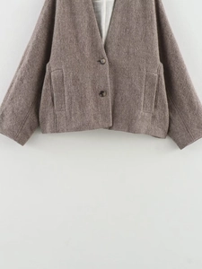 Close-up of camel wool coat showing V-neck design, fabric texture, and button closure