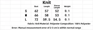 Size chart for off-shoulder knitted T-shirt showing bust and sleeve length in S M L