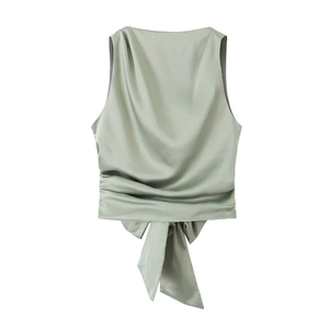 Elegant sage green sleeveless satin top with back bow tie and pleated slim fit design
