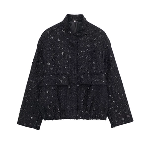 Women's black sequin tweed jacket with stand collar and front pockets in a slim cropped fit